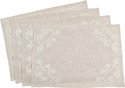 SARO LIFESTYLE 001.N1420B Swirl Embroidered Placemat/001.N1420B, 14" X 20", Natural