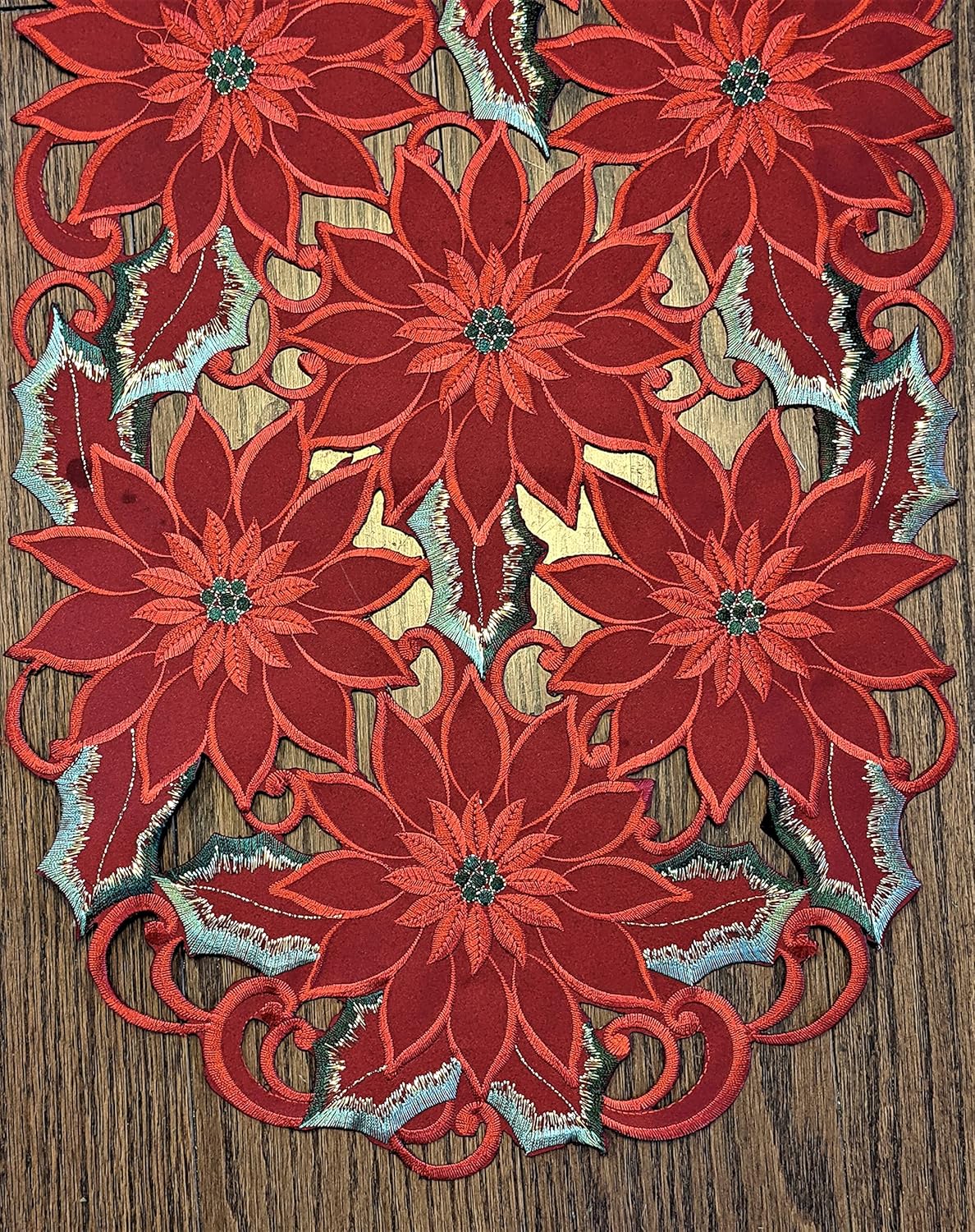 Christmas Table Runner with Red Cutwork Poinsettias, Size 34 x 15 inches