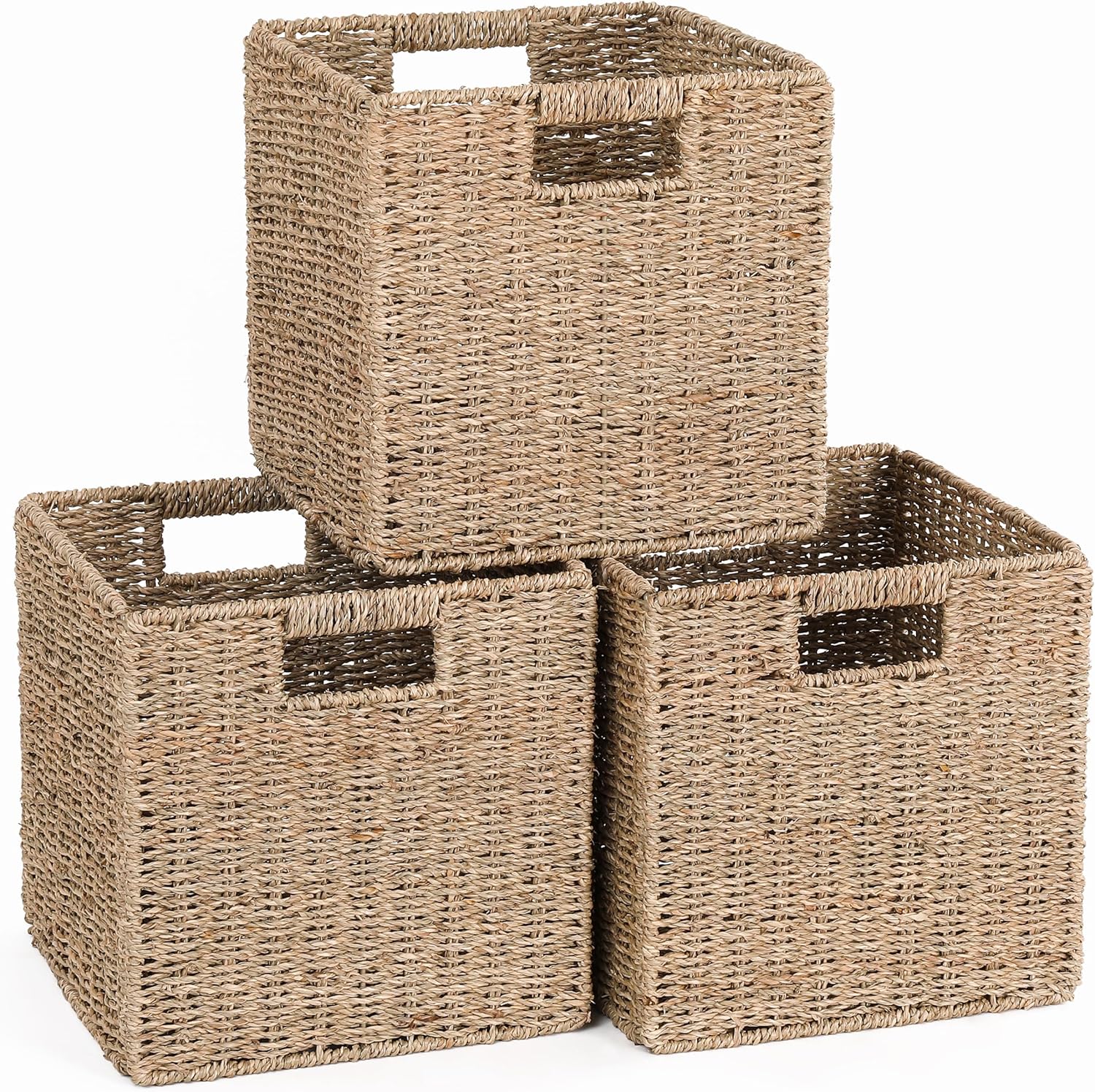 11x11x11in Seagrass Storage Baskets, Woven Baskets for Storage, Large Cube Wicker Storage Basket for Shelves Set of 3, Wicker Storage Basket, Bedroom, Living Room Sea Grass