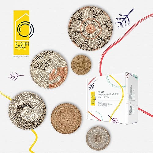 Miniatura 2 de KushimHome - Juego de cestas colgantes de pared, decoración de mimbre estilo bohemio grande, decoración de pared de hierba marina tejida de bambú,