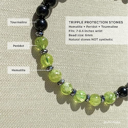 Miniatura 5 de Joyfulmuze Men Gemstones Stretch Bracelet, Peridot Hematite Black Tourmaline, Handmade Spiritual Jewelry for Men, Natural Black Green Gems, Healing