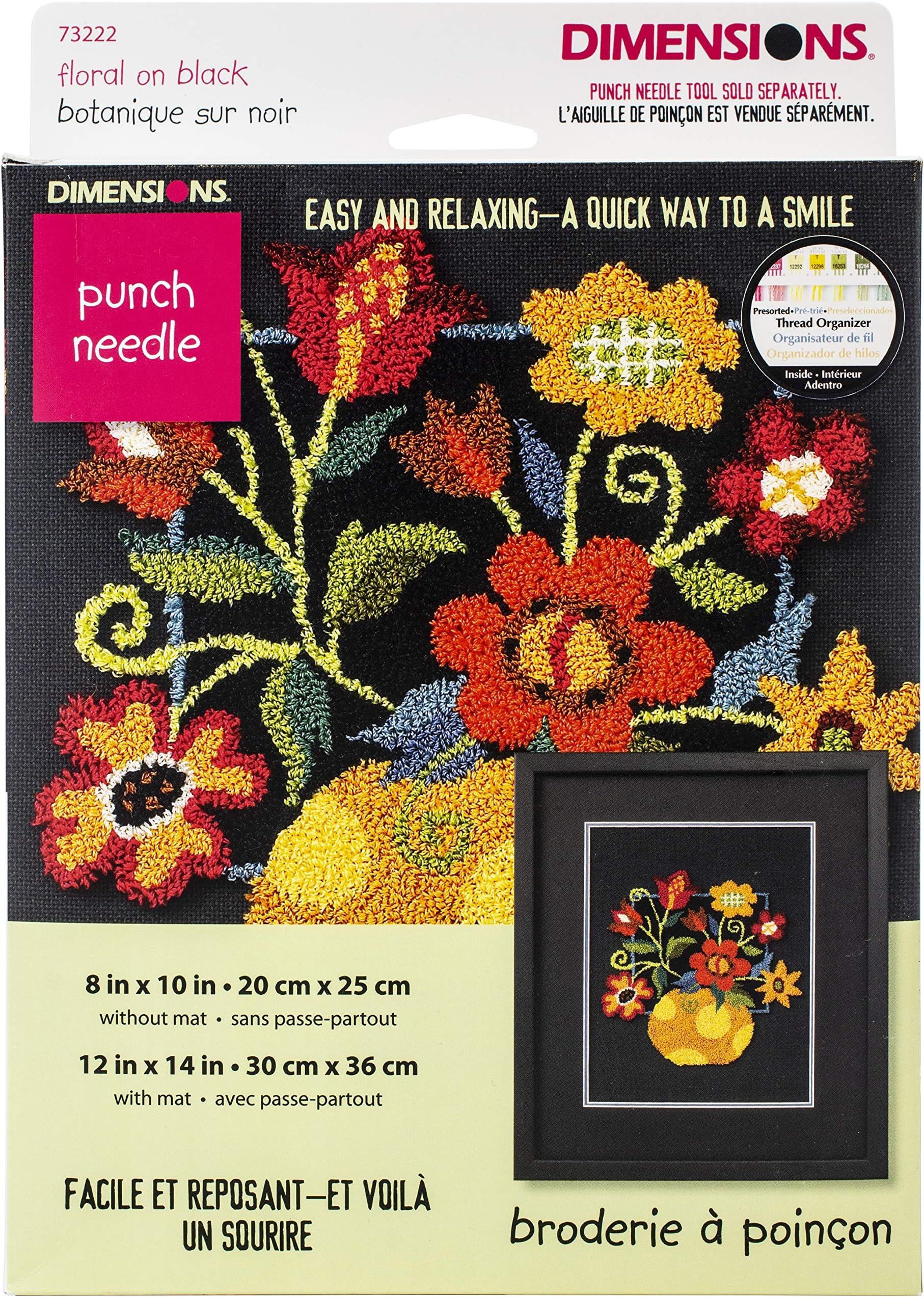 Dimensions Floral on Black Punch Needle Embroidery Kit, 8'' W x 10'' L