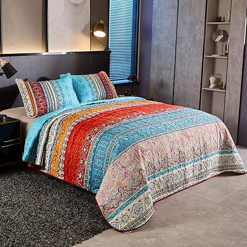 LAMEJOR Juego de edredón de 3 piezas, tamaño individual, bohemio, floral, a rayas, estampado de retazos, juego de edredón ligero de microfibra