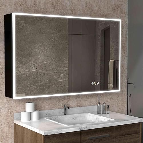 tunuo Botiquines para baño con espejo 48 pulgadas de ancho x 30 pulgadas de alto organizador de botiquín LED montado en la pared con desempañador