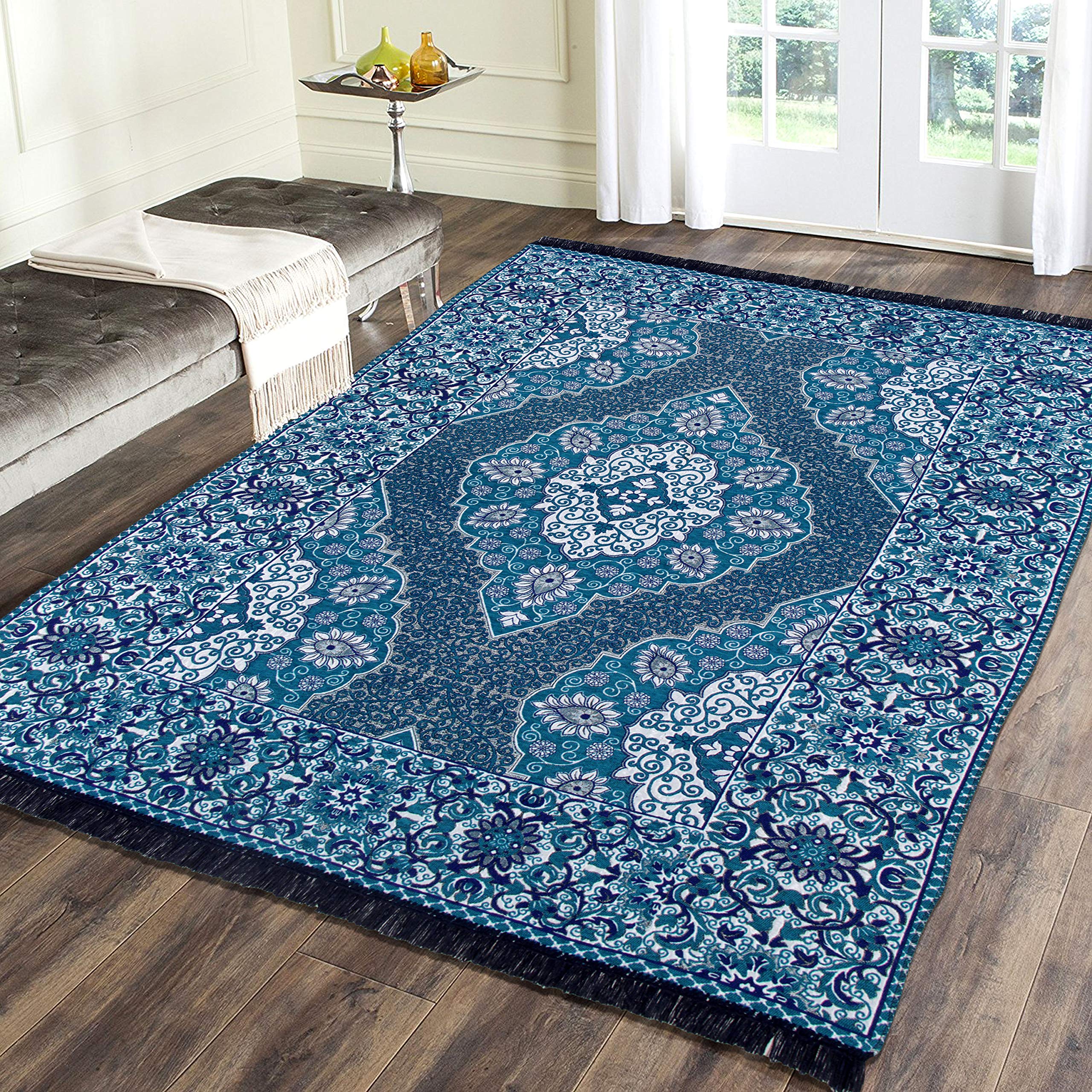 Vintage Persian Design Jacquard weaved Foldable Chenille Multipurpose living room carpet, area rug,dhurrie- (Aqua, 4 x 6)
