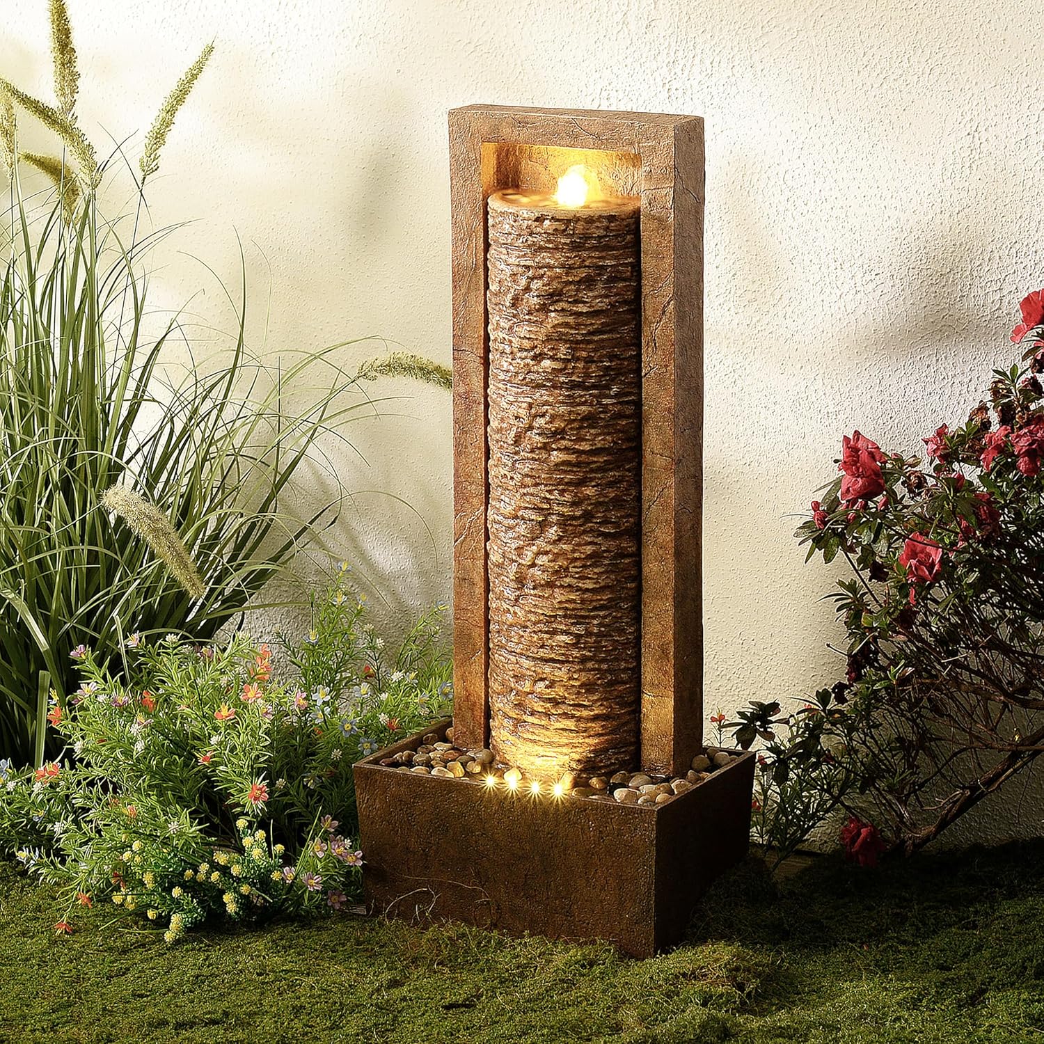 Teamson Home Framed Layered Rock Design Patio Water Fountain–Warm Glow Lighting with Steady Flow & Electric Pump, Brown