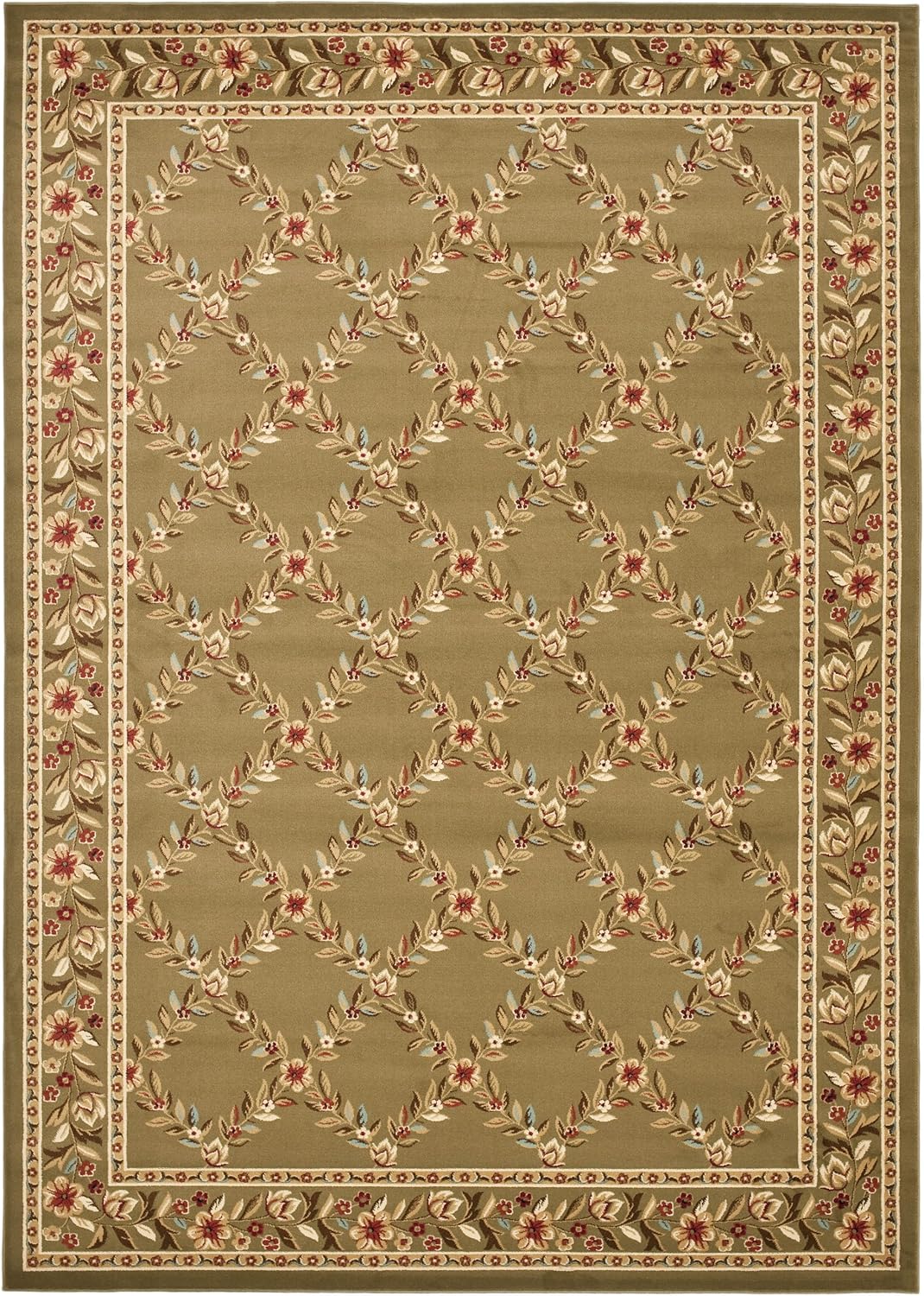 SAFAVIEH Lyndhurst Collection Area Rug - 6'7" x 9'6", Green & Green, Traditional Floral Trellis Design, Non-Shedding & Easy Care, Ideal for High Traffic Areas in Living Room, Bedroom (LNH557-5252)