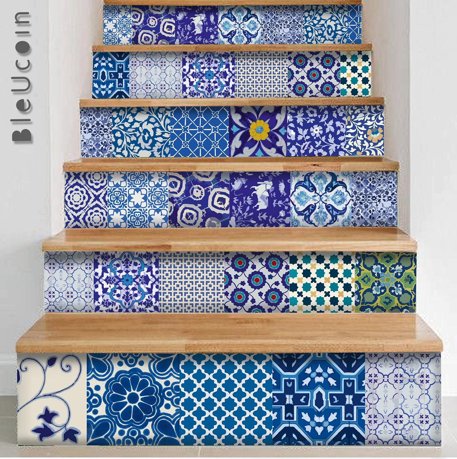 Bleucoin Blue Pottery Peel and Stick Tile Stickers Vinyl Self-Adhesive Backsplash for Kitchen & Bathroom Water-Resistant & Removable Tile Decals for Instant Makeover22Designs(Pack of 44)(4"x4" Inches)