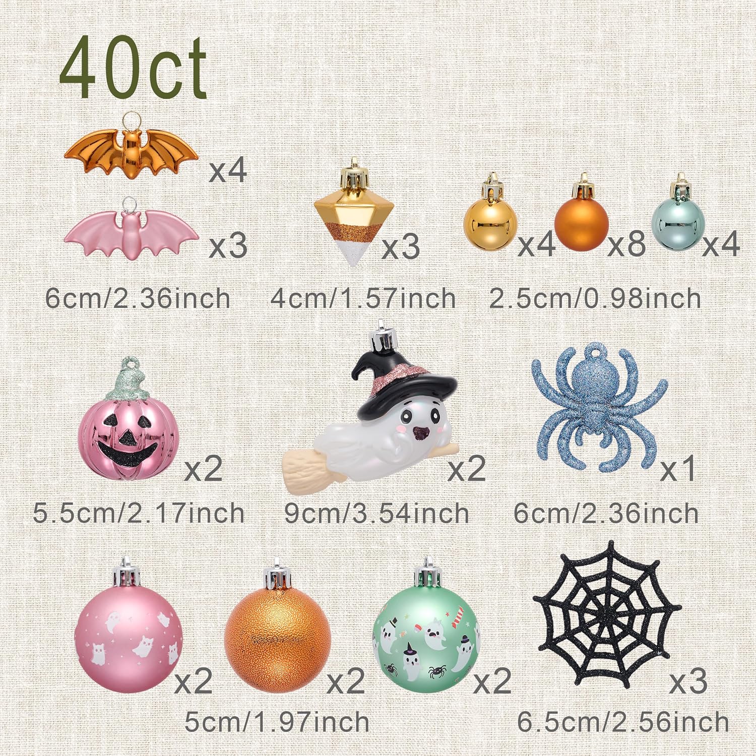 DecorbyHannah Cute Halloween Ornaments for Tree Decorations, 40ct Ghost Witch Hat Bat Spider Web Pumpkin Tree Ornaments Set, Shatterproof Spooky Halloween Decor Hanging Ball for Home Indoor Party