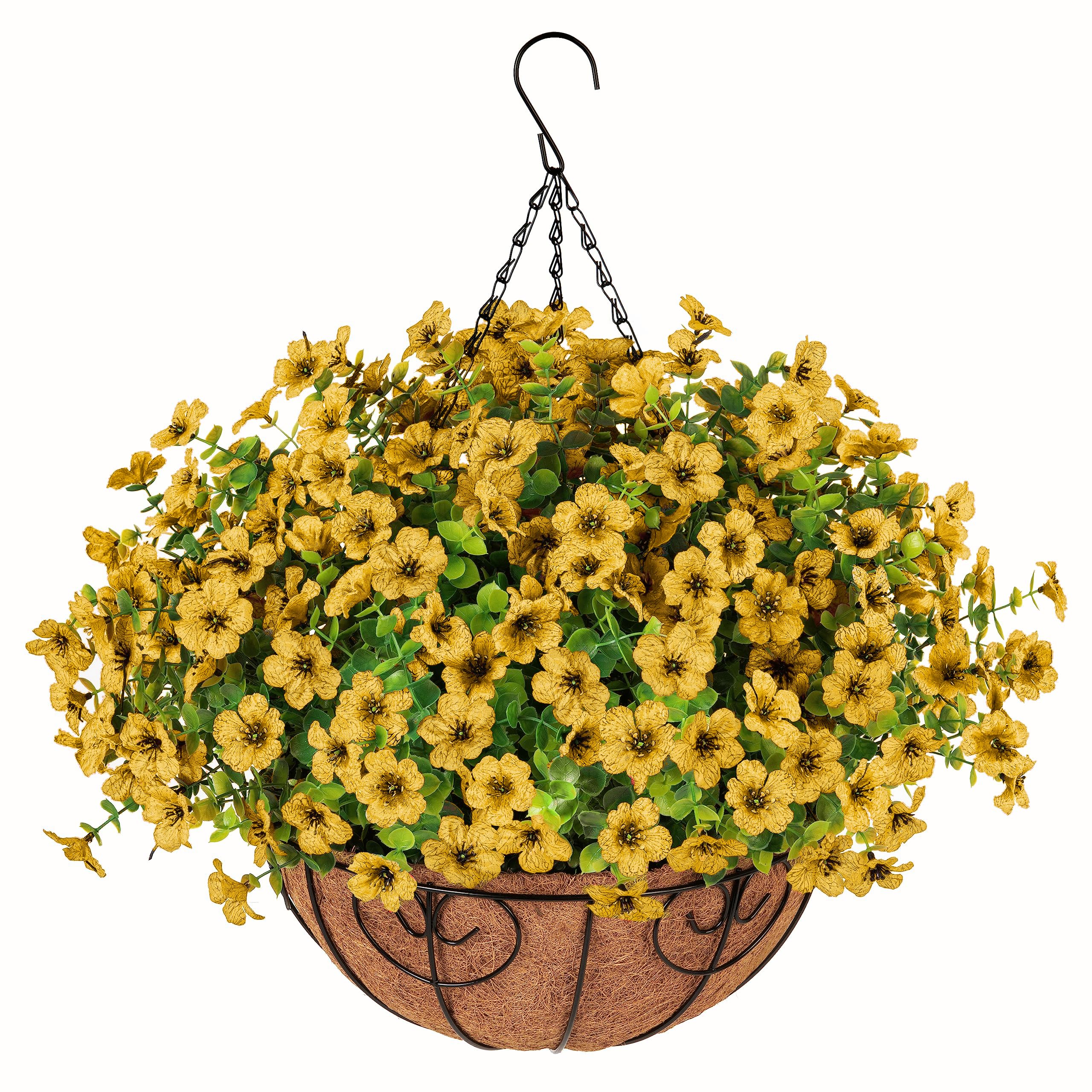 Artificial Fake Hanging Plants Flowers with Basket Outdoor Decor Faux Silk Daisy Eucalyptus in Pot Planter Look Real UV Resistant for Porch Home Indoor Patio Balcony Yard Decoration,Yellow
