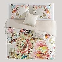 Vista 4 de Bebejan Juego de edredón de 5 piezas de 100% algodón, diseño floral de flores rojas, verdes, reversible, acogedor, suave, transpirable, 1 edredón, 2