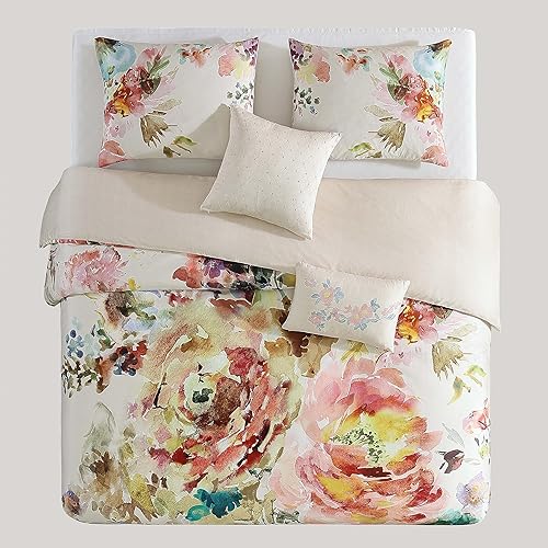 Miniatura 4 de Bebejan Juego de edredón de 5 piezas de 100% algodón, diseño floral de flores rojas, verdes, reversible, acogedor, suave, transpirable, 1 edredón, 2