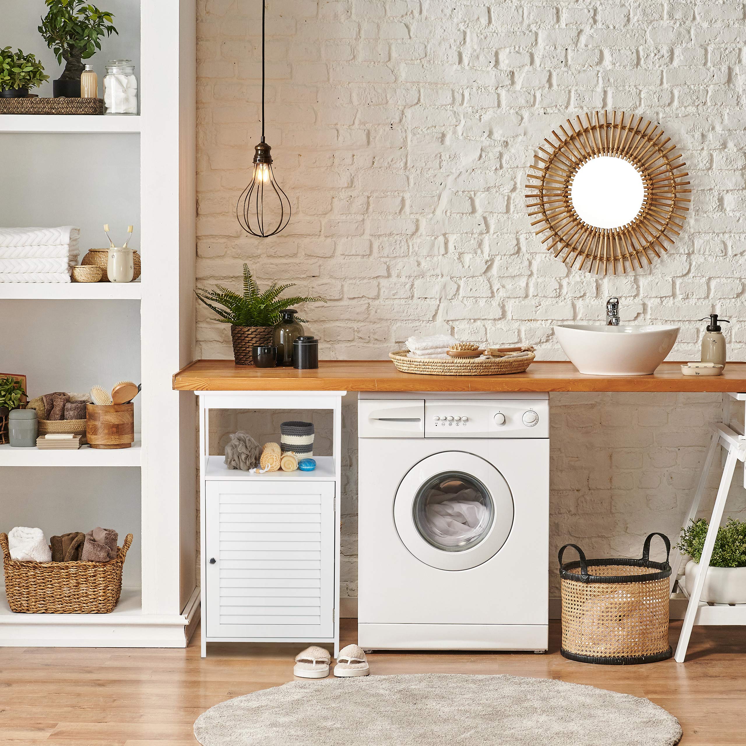 Relaxdays Mobiletto da Bagno, 3 Scomparti, Porta a Lamelle, Scaffale da Terra, per la Cucina e Il Corridoio, Bianco