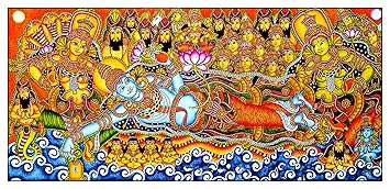 Mituja Canvas Painting Vishnu Avatar Kerala Mural Religious Art Wall decor Pooja ghar Cotton Canvas Wall Painting for Living Room - 38 X 18 inches. (Unframed) 11ad
