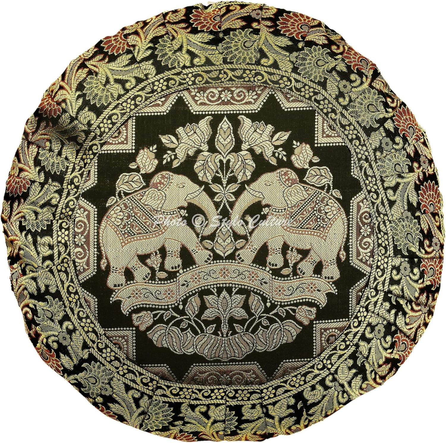 Bohemian Decorative Sofa Settee Accent Throw Pillow Covers 43x43 cm Brocade Bed Room Black Elephant Jacquard Pleated Border Round Luxury Zippered Indian 17x17 Inch Cushion Covers - 5 Pcs