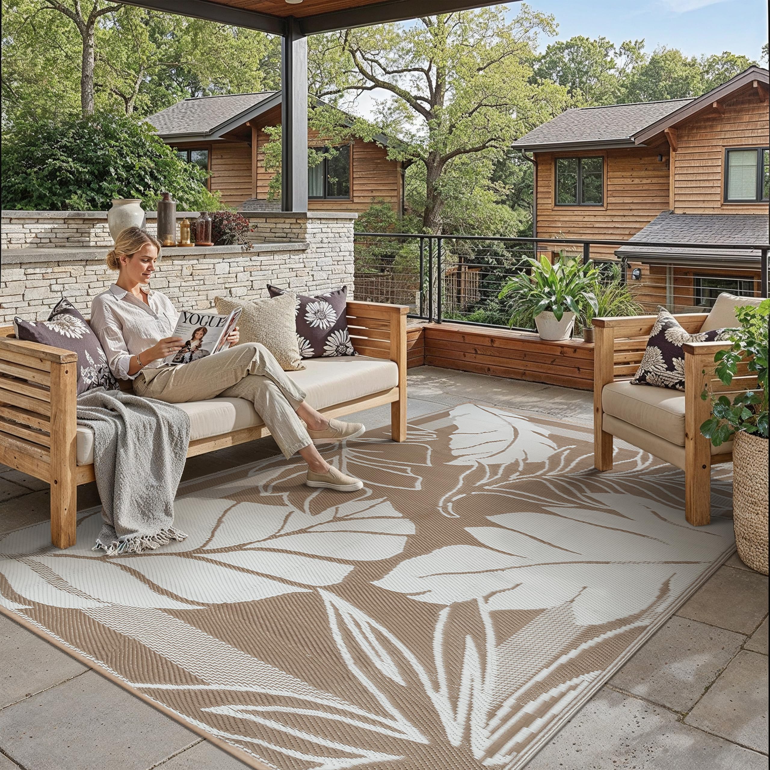 hugear 9'x12' outdoor rug waterproof plastic straw rugs large brown reversible olive leaf mat floor carpet for camping rv deck entryance porch picnic balcony beach backyard