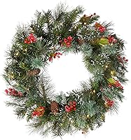National Tree 24" Pre-Lit Flocked Wintry Pine Artificial Christmas Wreath with 50 LED Lights, Pinecones, Berries & Timer