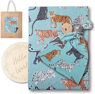 Miaoberry 100% Organic Cotton Baby Muslin Swaddle Blanket Set|Tiger in Teal| Gender Neutral for Boys Girls| Hospital Home Coming Receiving Blanket |Newborn Unisex