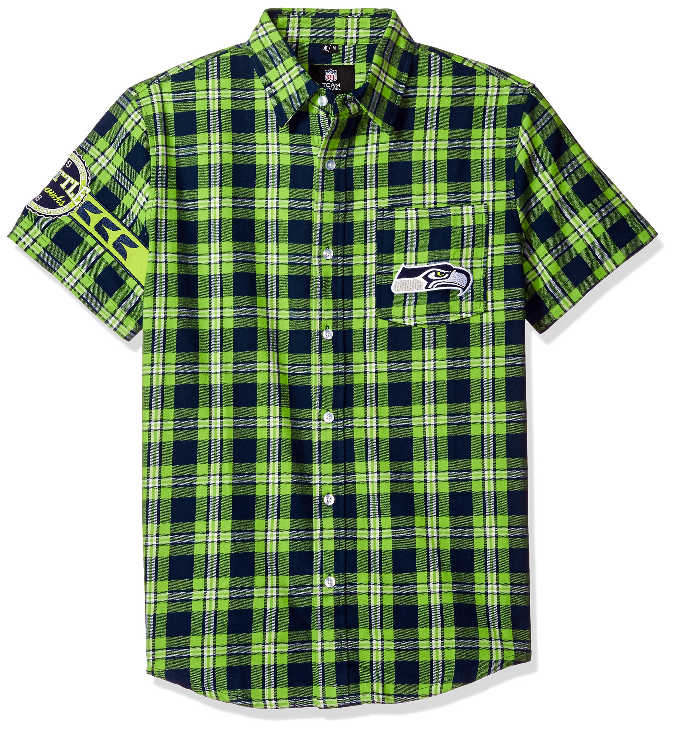 FOCO Seattle Seahawks Wordmark Basic Flannel Shirt - Short Sleeve Small