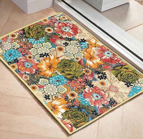 keensoft Alfombra de área floral colorida de 2 x 3 pies, tapete retro de flores bohemias, antideslizantes, lavables a máquina, alfombras pequeñas,