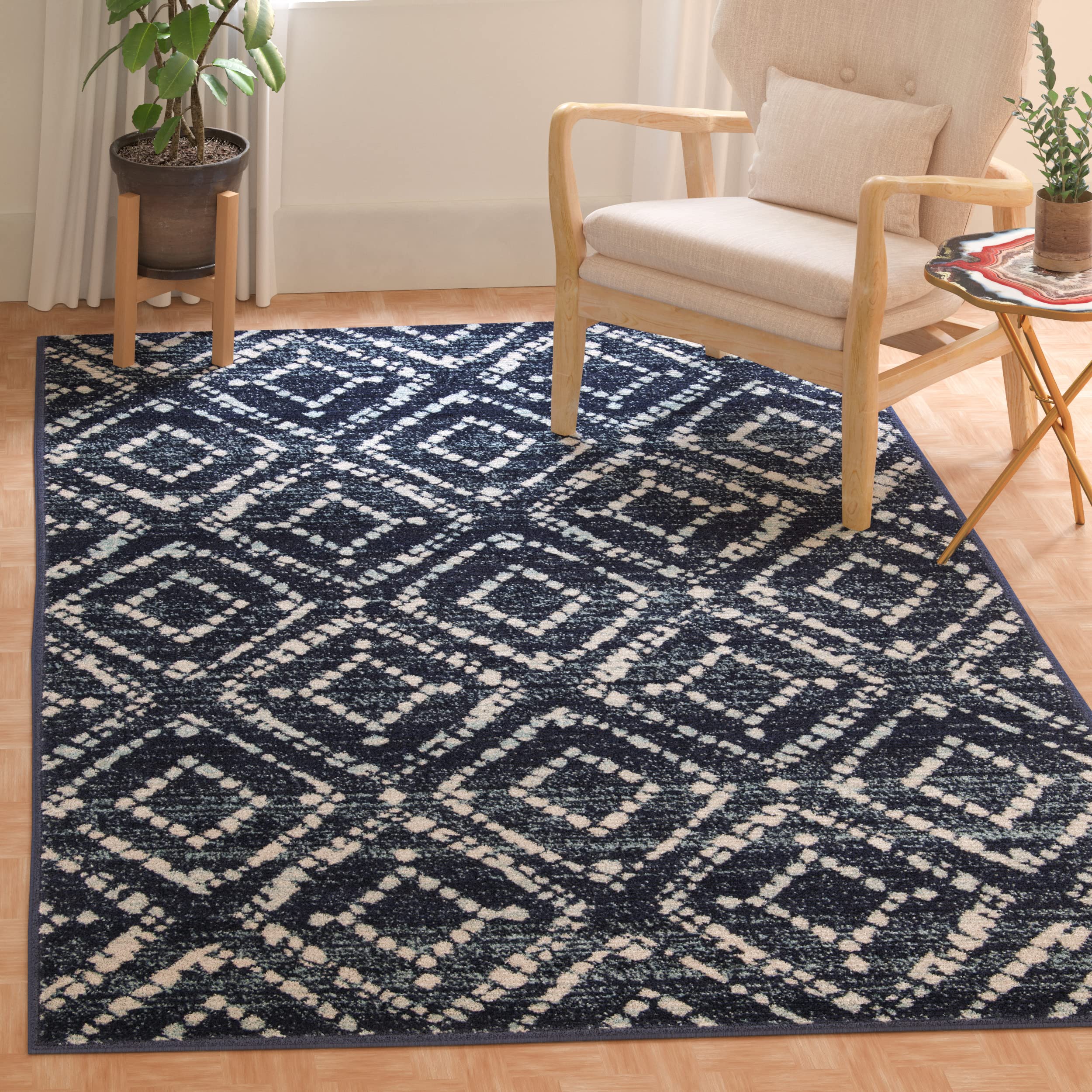 SAFAVIEH Adirondack Collection Area Rug - 4' Square, Navy & Ivory, Modern Diamond Distressed Design, Non-Shedding & Easy Care, Ideal for High Traffic