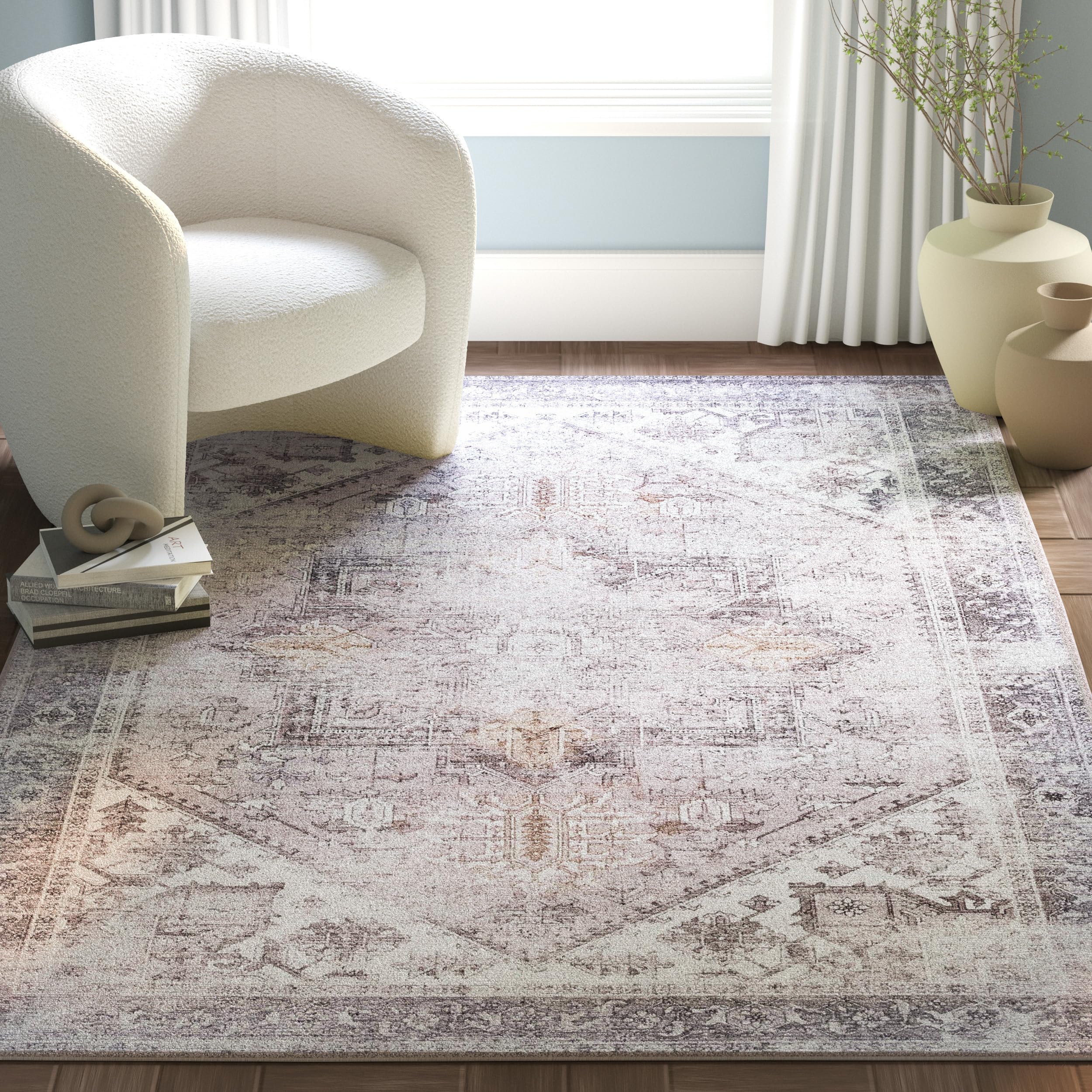 SAFAVIEH Tucson Collection Area Rug - 4' Square, Beige & Grey, Persian Medallion Design, Non-Shedding Machine Washable & Slip Resistant Ideal for High Traffic Areas in Living Room, Bedroom (TSN102B)