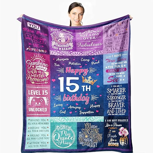 15 Year Old Girl Gifts for Birthday - Quinceanera Gifts Blanket 60"x50" - Gift for 15-Year-Old Girls - 15th Birthday Presents for Teen Girls - Quince Decorations for Girl Ideas