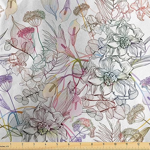 Ambesonne Floral Fabric by The Yard, Hand Drawn Style Flowers Blossoms and Leaves Romantic Spring Fantasy Scroll, Decorative Satin Fabric for Home