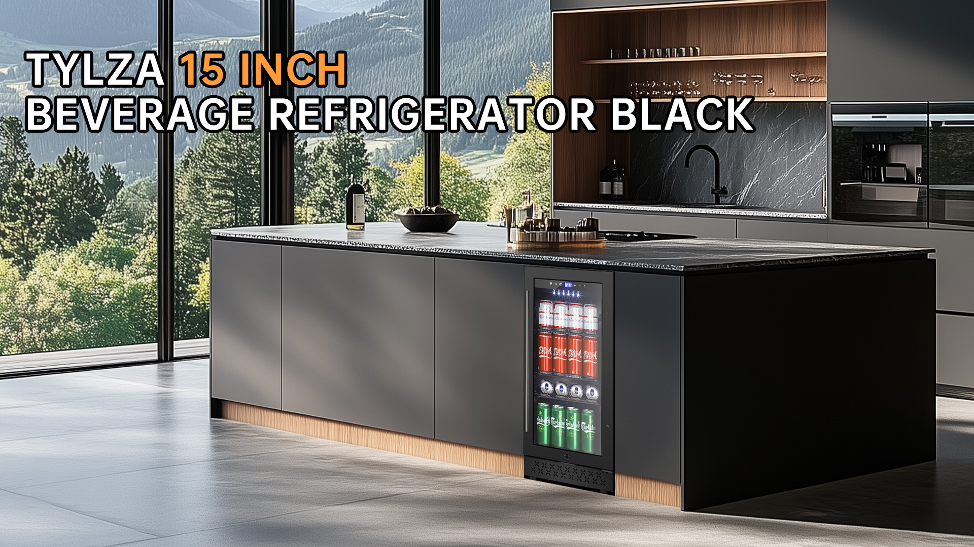Image of Tylza 15 Inch Beverage Refrigerator, Under Counter /Freestanding Drink Fridge, 130 Cans Beverage Cooler with Glass Door, Reversible Door, Low Noise, Quick Cooling - for Beer, Soda, ETC, Black