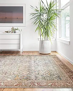Loloi Layla Collection LAY-04 Ocean/Rust 2'-3" x 3'-9" .13" Thick Accent Rug, Soft, Durable, Vintage Inspired, Distressed, Low Pile, Non-Shedding, Easy Clean, Printed, Living Room Rug