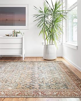 Loloi Layla Collection LAY-04 Ocean/Rust 9'-0" x 12'-0" .13" Thick Area Rug, Soft, Durable, Vintage Inspired, Distressed, Low Pile, Non-Shedding, Easy Clean, Printed, Living Room Rug