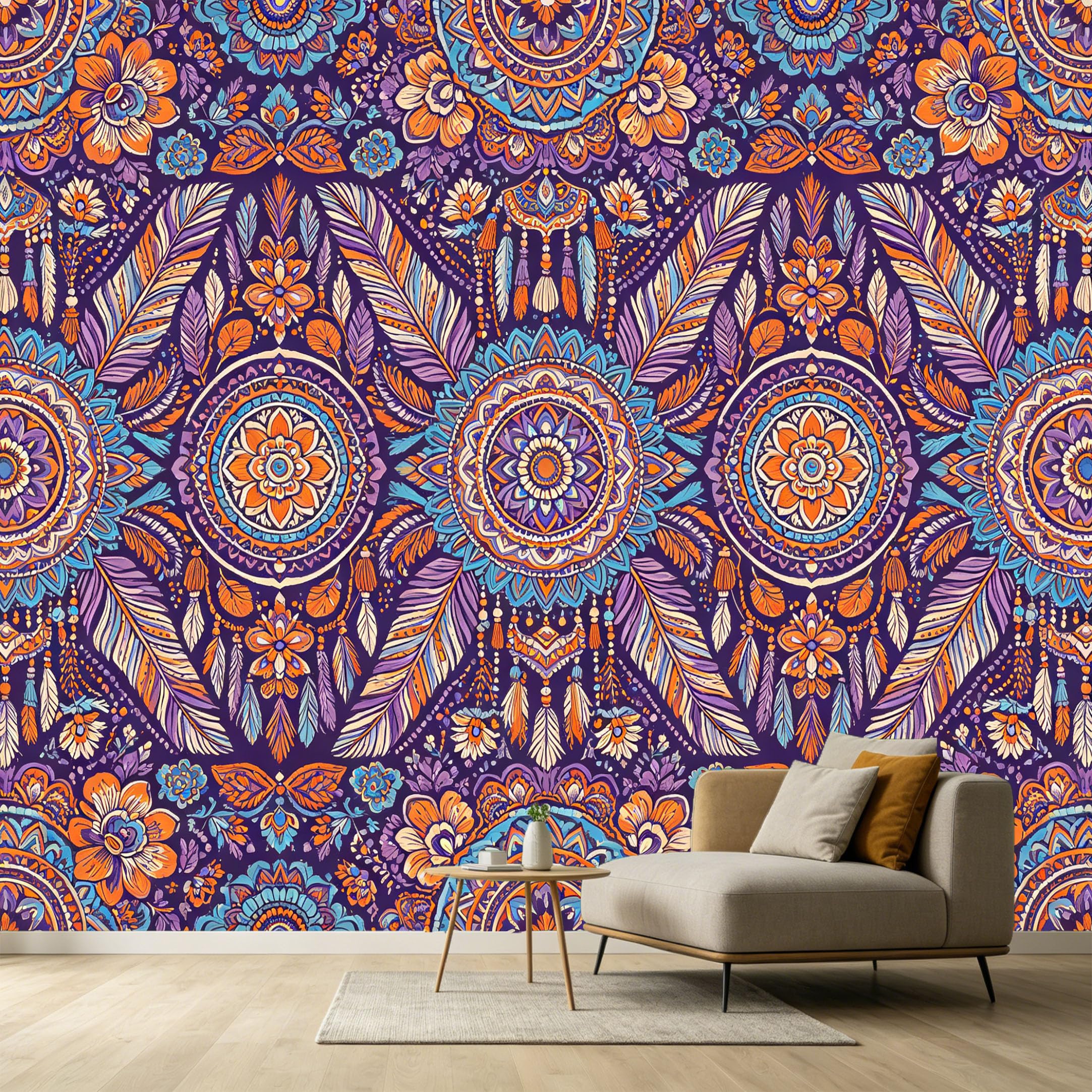Custom Size Wall Murals Bohemian Pattern Ethnic Feather Floral Watercolor SelfAdhesive Wall Fabric Removable Large Wallpaper for Photo Living Room Decor Home Accent