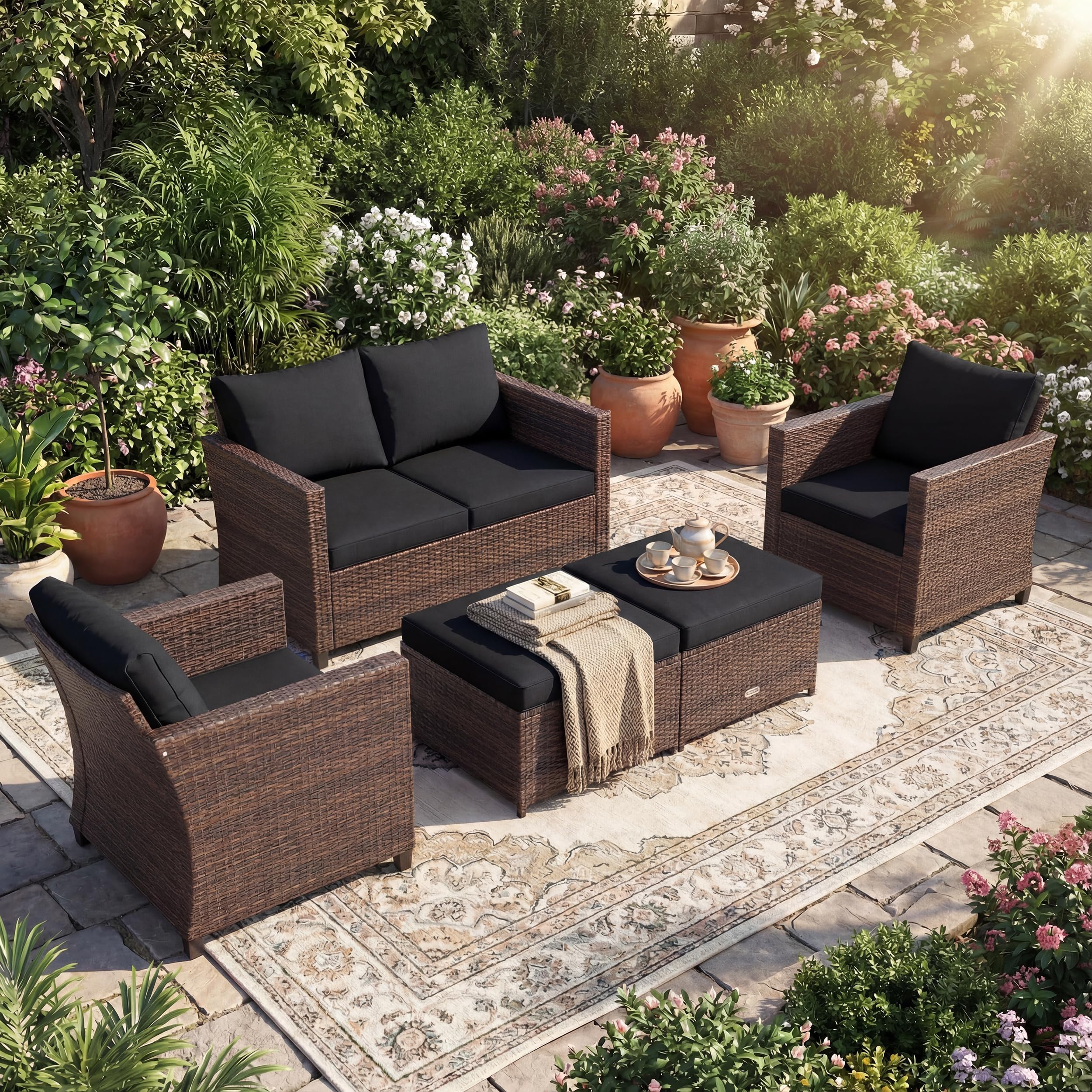 5 Pieces Rattan Patio Furniture Set, Outdoor Sectional Wicker Sofa Set with Loveseat, 2 Single Sofas, 2 Ottomans & Removable Cushions, Outside Daybed Sofa for Yard, Garden, Poolside (Black)