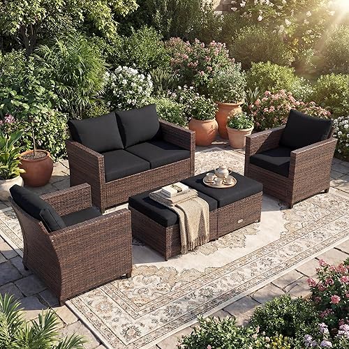 Tangkula 5 Pieces Rattan Patio Furniture Set, Outdoor Sectional Wicker Sofa Set with Loveseat, 2 Single Sofas, 2 Ottomans & Removable Cushions, Outside Daybed Sofa for Yard, Garden, Poolside (Black)