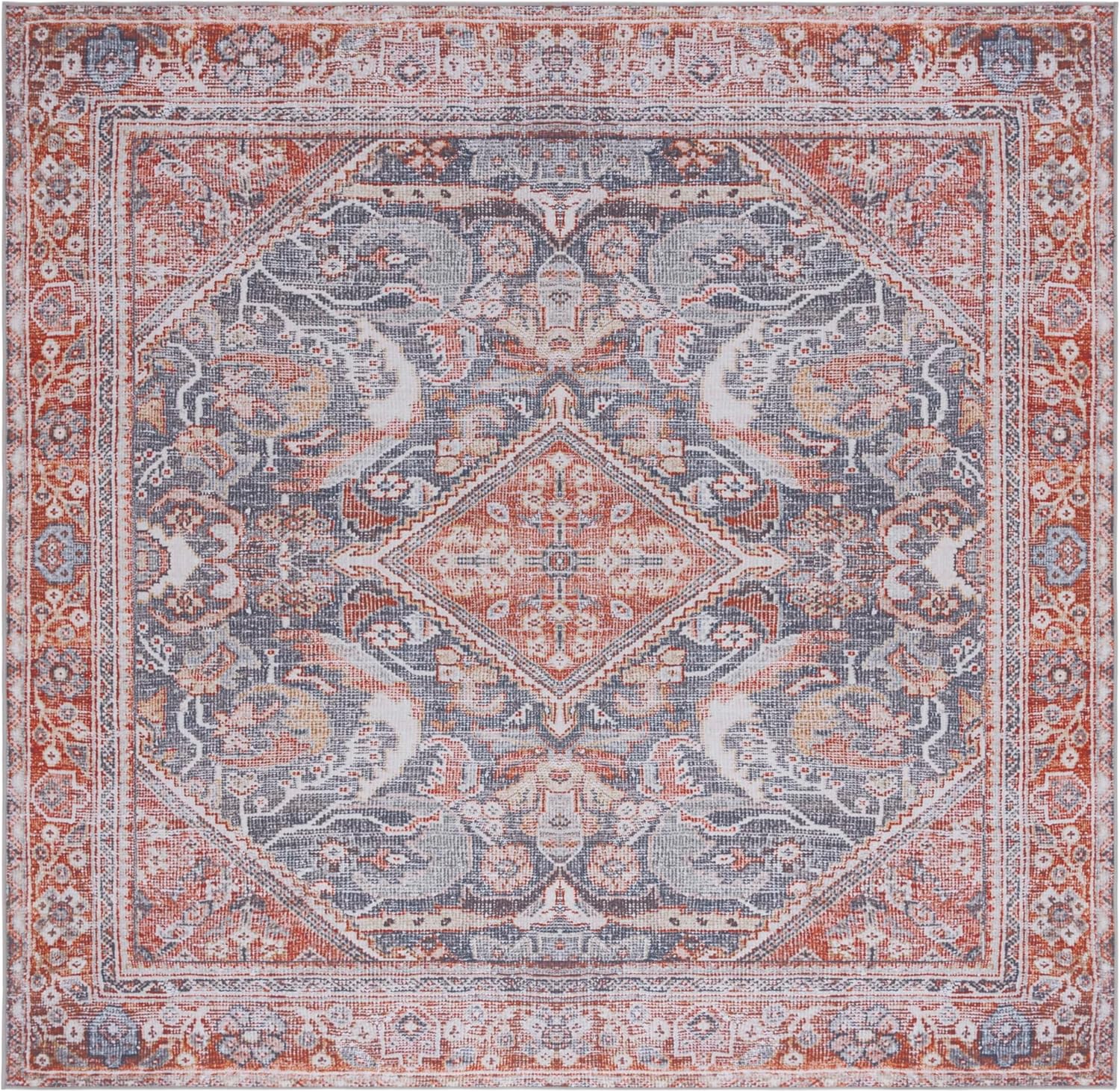 SAFAVIEH Washable Rug Tucson Collection - 6' Square, Grey & Rust, Slip Resistant & Easy to Clean, Ideal for Living Room, Bedroom, Dining Space (TSN125F)