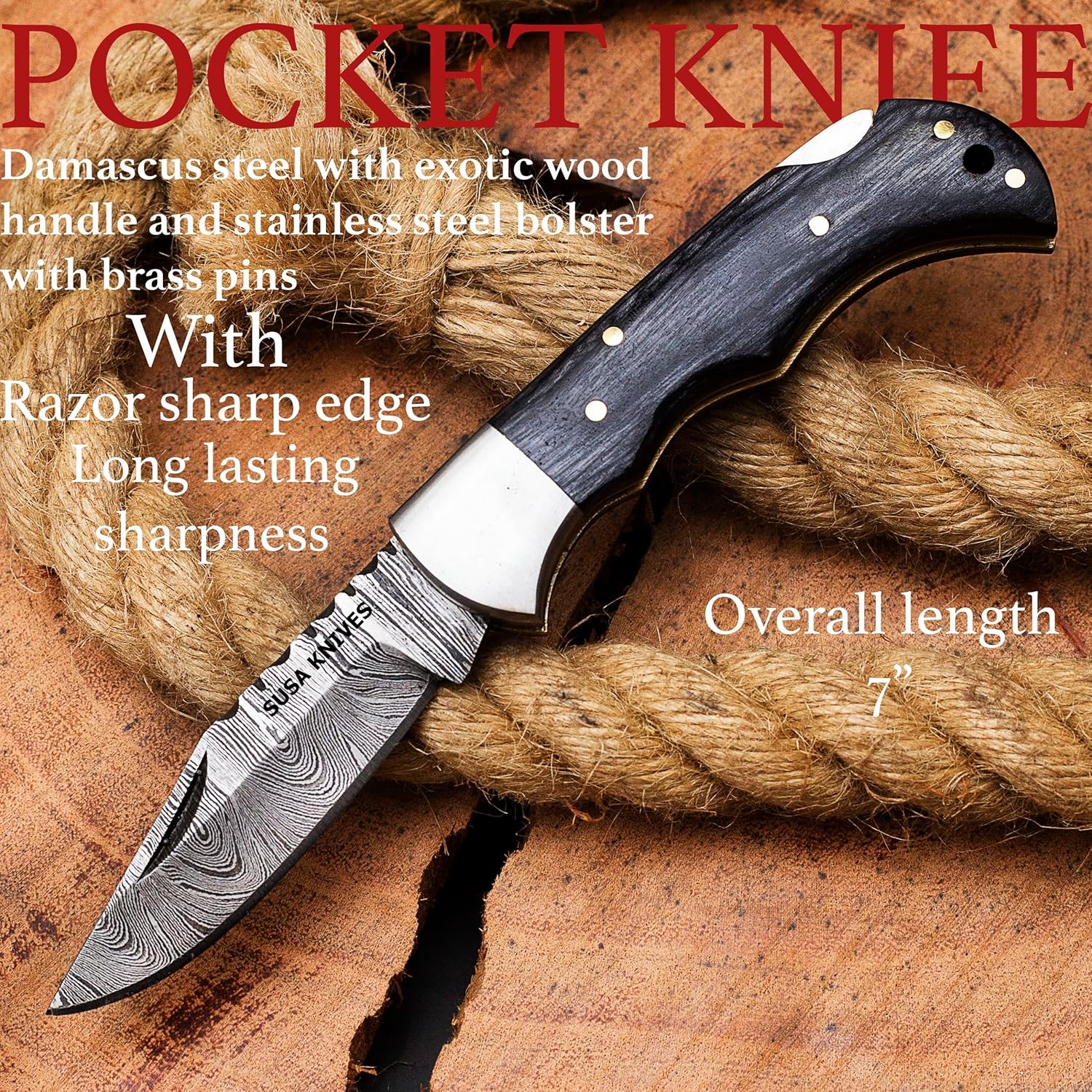 Damascus Steel Pocket Knife Handmade cowboy Knives for Outdoor, Camping, Hiking Back Lock Blade EDC knife pancake leather sheath