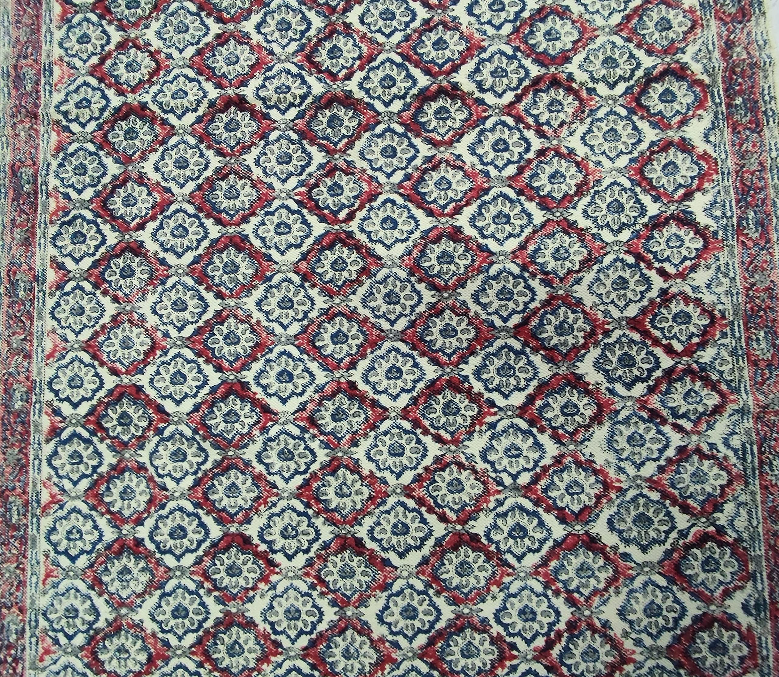 Trance Home Linen Handloom Handcrafted Jaipur Hand Block Cotton Carpets Dhurries and Rugs for Living Room | Bedroom Bed Runner | Floor Mat for Bedroom Kitchen (3 x 5 Feet_Blue Red)