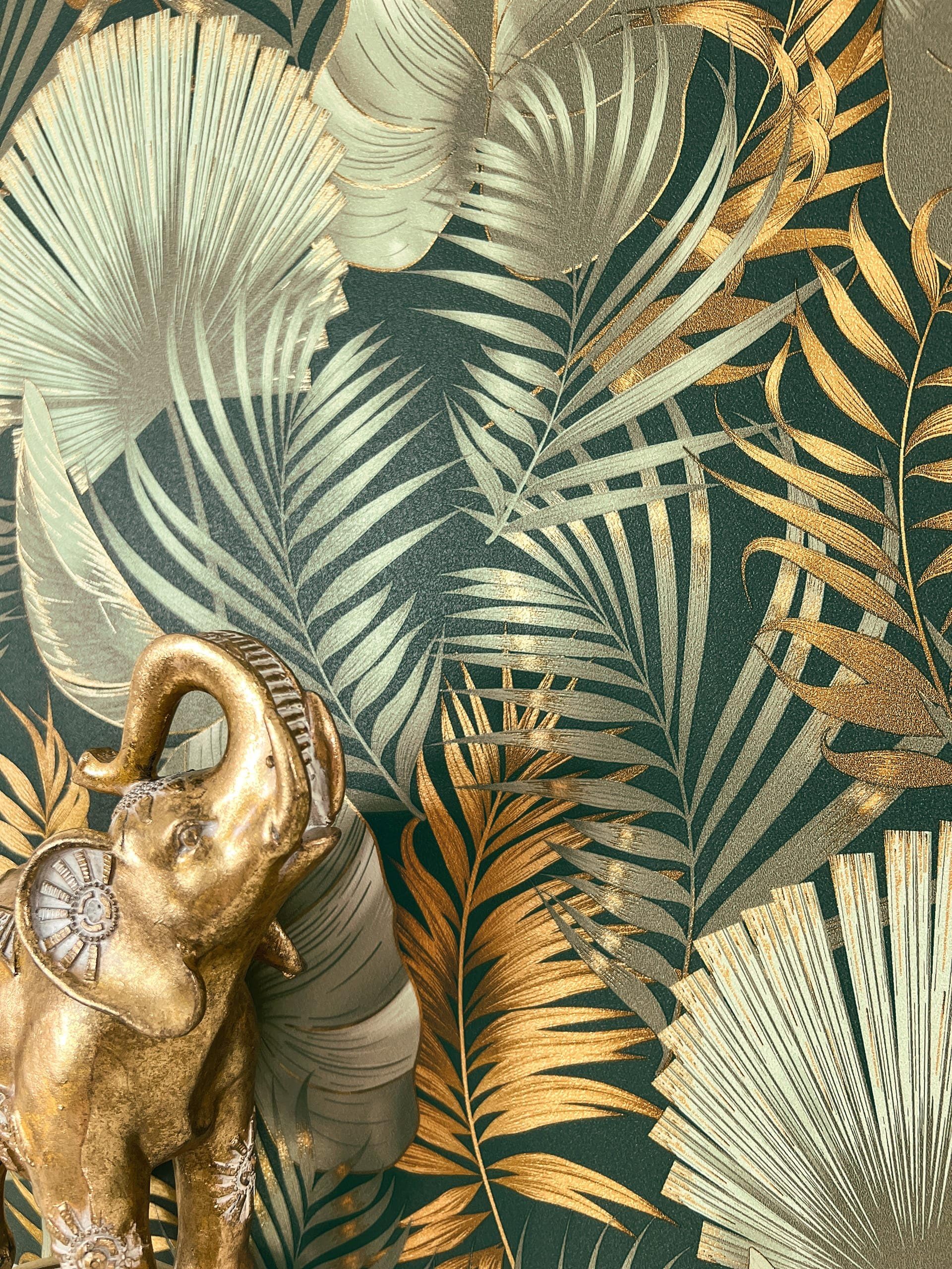 Papier peint jungle intissé moderne NEWROOM feuilles de palmier or et vert