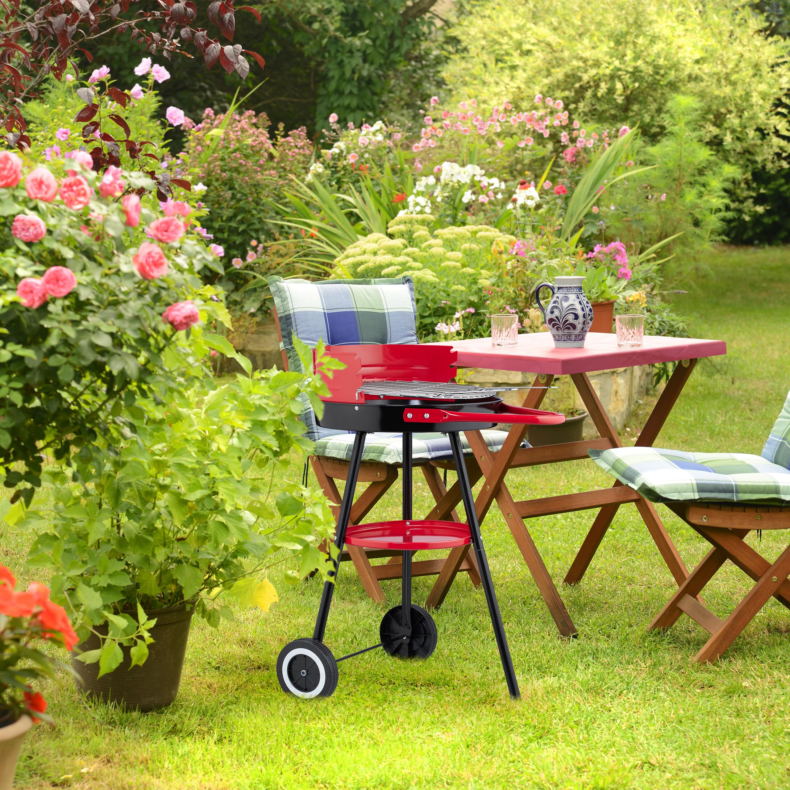 Relaxdays Barbecue Charbon de Bois Ø 42 cm, Grill Rond sur Roues, Protection Contre Le Vent, Noir/Rouge