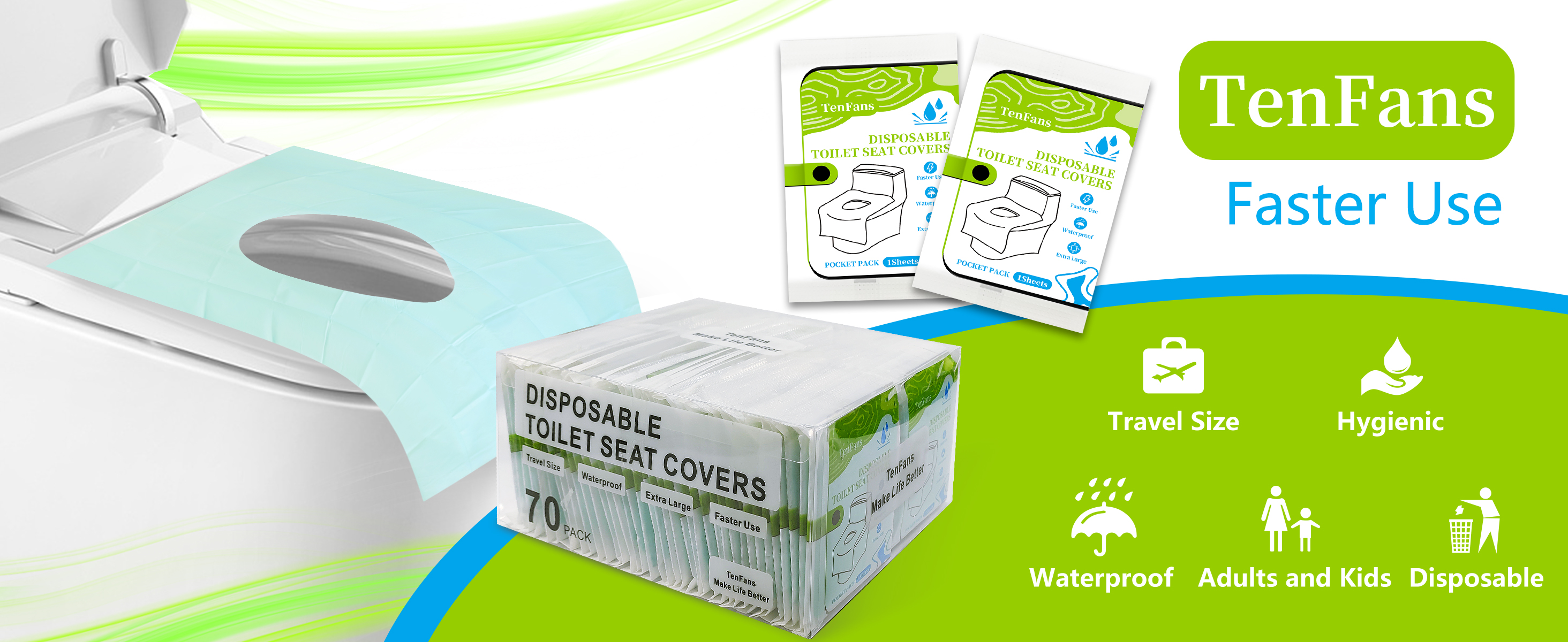 Produktbild von TenFans Toiletten-Sitzbezüge Einweg – 30 Stück Einzeln Verpackt, Wasserdicht, XL 60x40 Cm – Für Reise, Camping & öffentliche WC