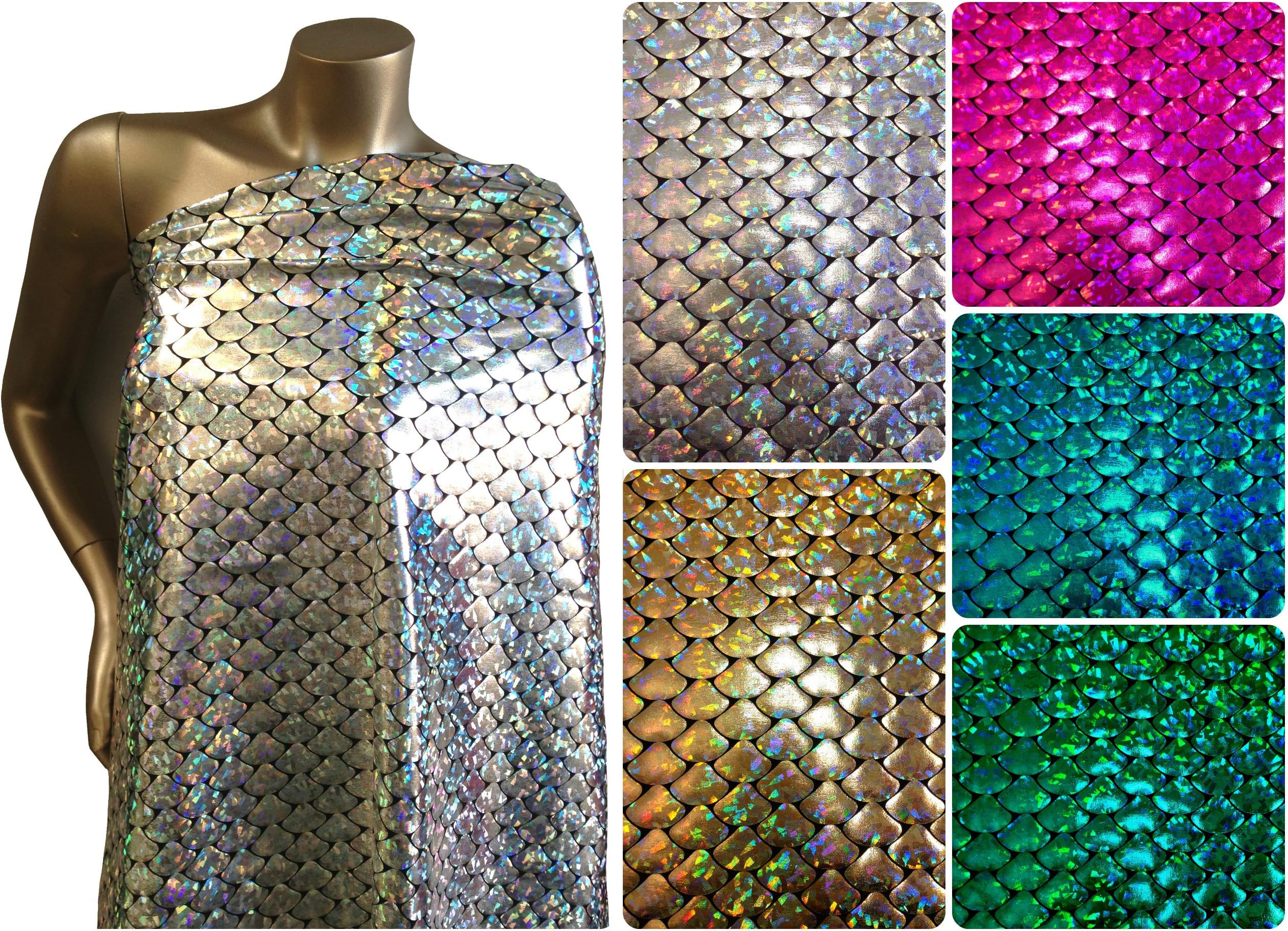 Shiny Holographic Foil Mermaid Scales Pattern on Black Stretch Nylon Spandex Shiny Tricot Fabric by The Yard (Silver)