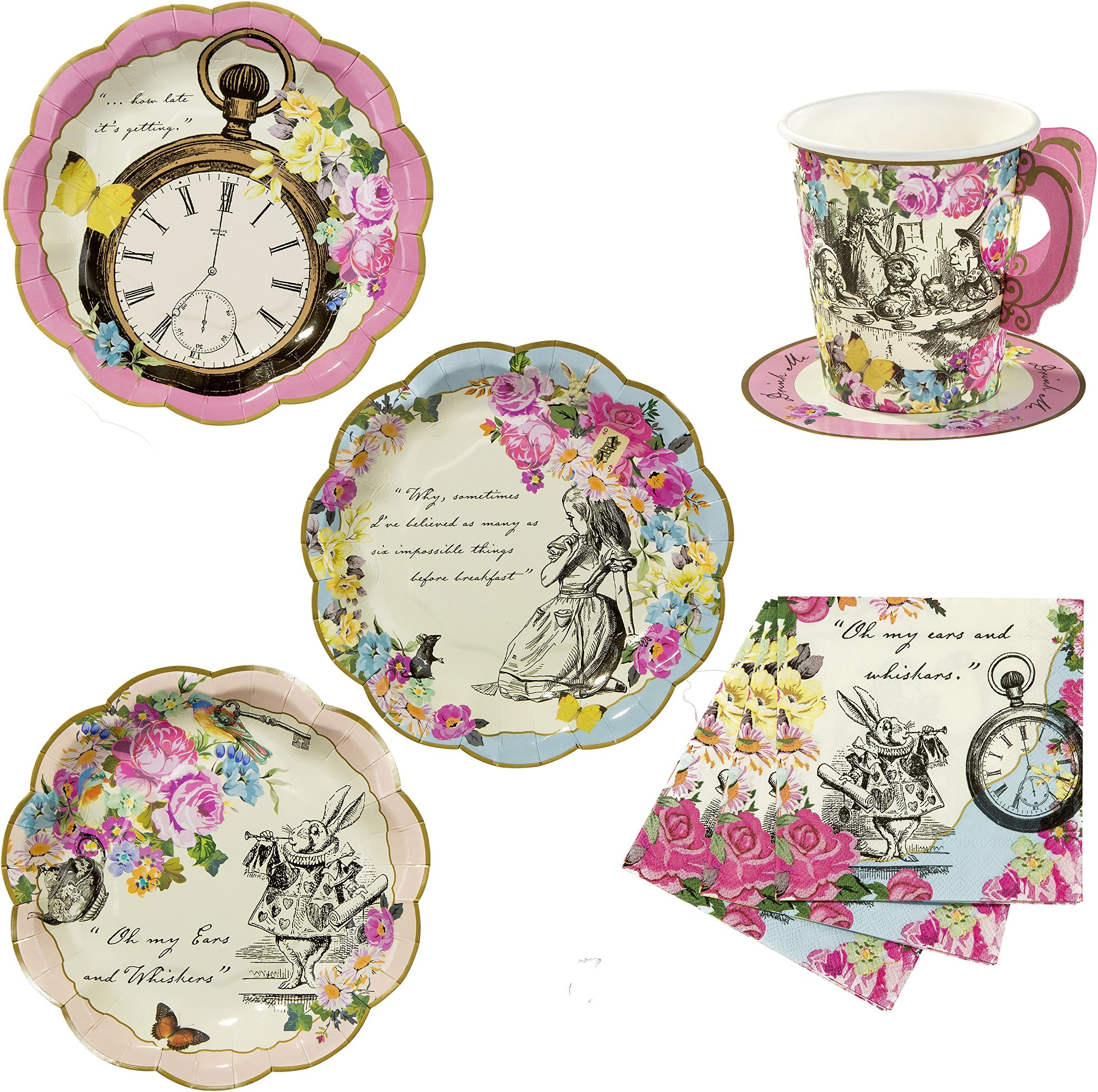 Alice in Wonderland Plates, Cups and Napkins Party Bundle for 12