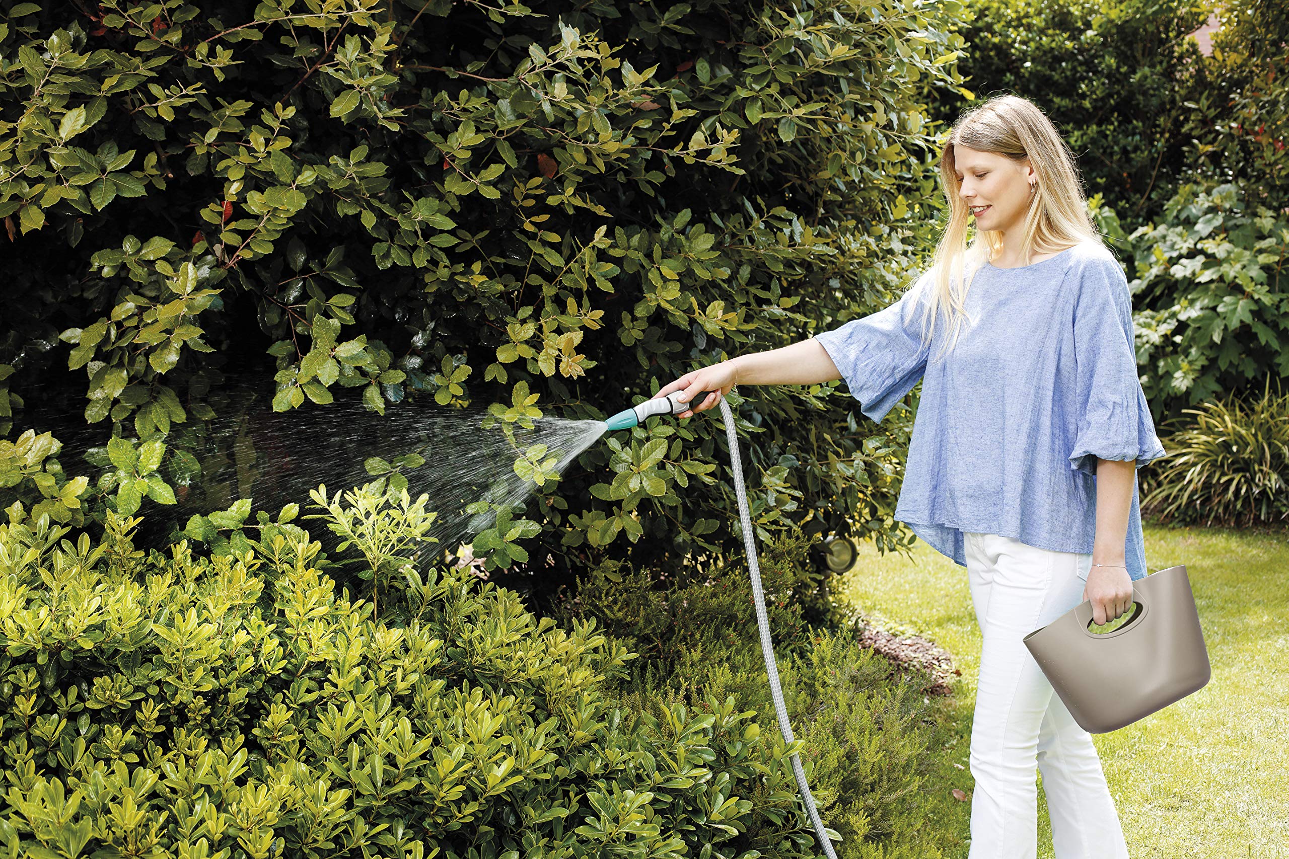 GF Garden Aquapop 15 Gartenschlauch, ausziehbar, 15 Meter, gebrauchsfertig, mit praktischer Kunststoff-Tasche, Behälter, Taupe, zur Bewässerung von Gärten, Balkonen, Terrassen und Wintergärten