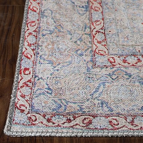 Miniatura 3 de SUPERIOR Alfombra de pasillo para interiores de tejido plano con medallón floral envejecido, 2 pies 6 pulgadas x 7 pies 6 pulgadas, color azul