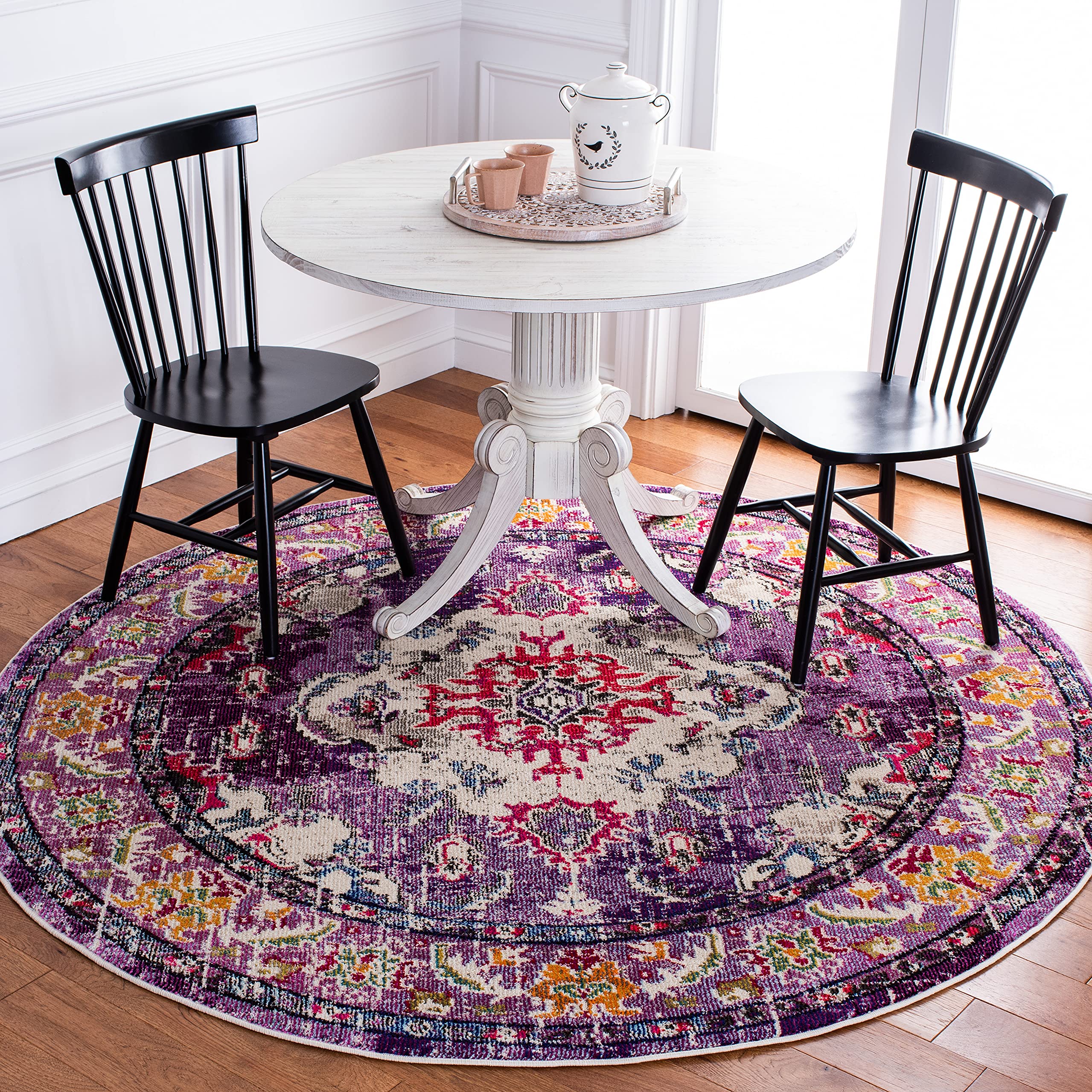 SAFAVIEH Monaco Collection Area Rug - 6'7" Round, Violet & Fuchsia, Non-Shedding & Easy to Clean, Distressed Medallion Design, Ideal for Living Room,