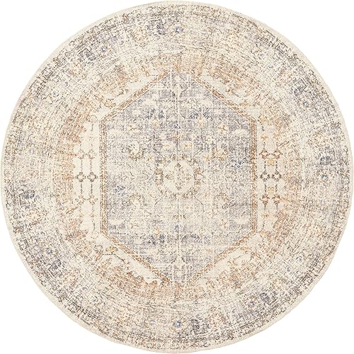 Miniatura 5 de nuLOOM Rain Haven - Alfombra vintage lavable a máquina, 8 redondas, lavables a máquina, alfombra de transición gris claro  marfil para sala de