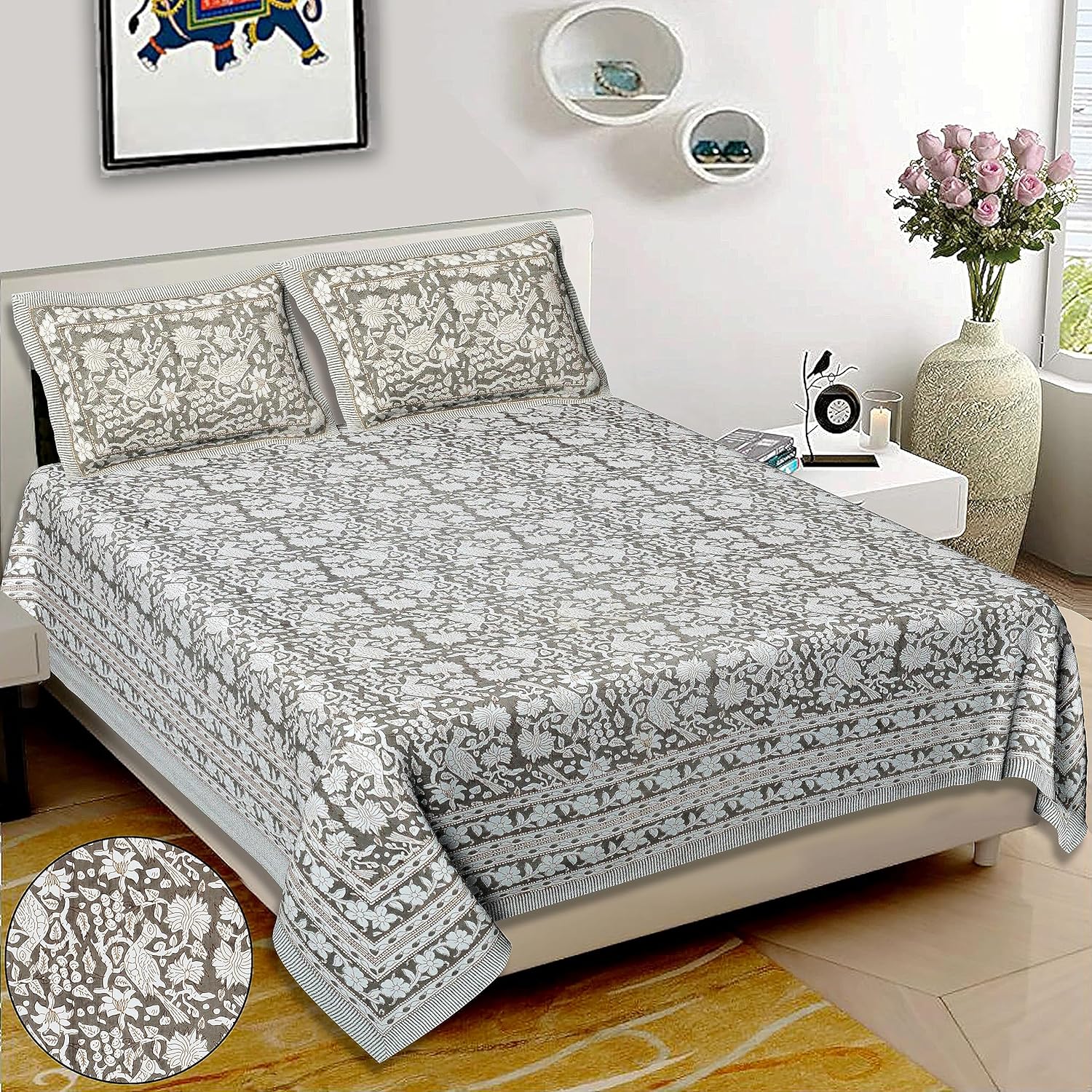 Angani Alaska King Size Full Printed Bodered Flat Sheet with 2 Pillow