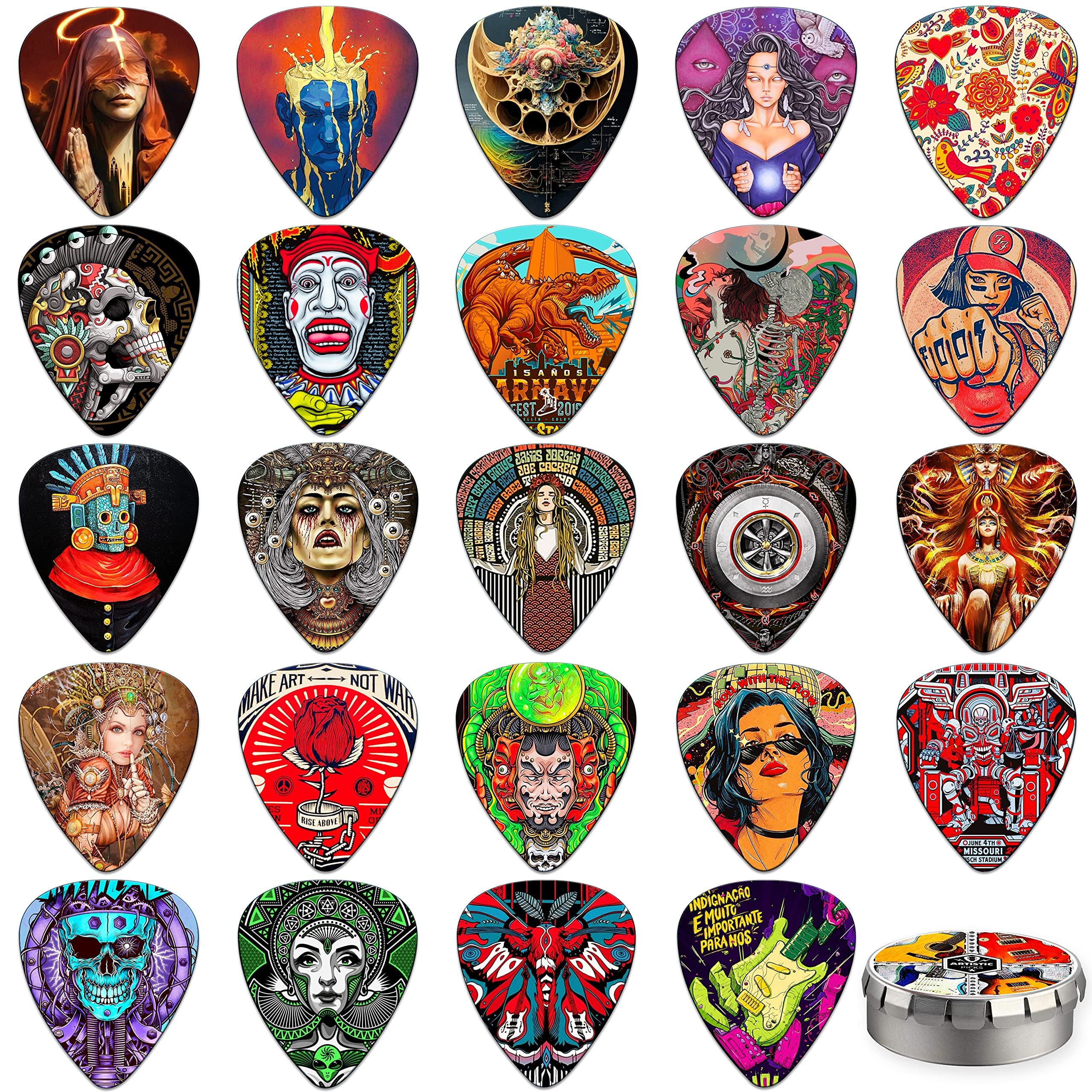 Guitar Picks,24 Pack Guitar Plectrums Thin, Medium, Heavy & Extra Heavy Picks with Tin Box,Personalised Plectrums for Acoustic,Bass,Electric Guitar Includes 0.46mm 0.71mm 0.96mm 1.2mm(Mix-4)