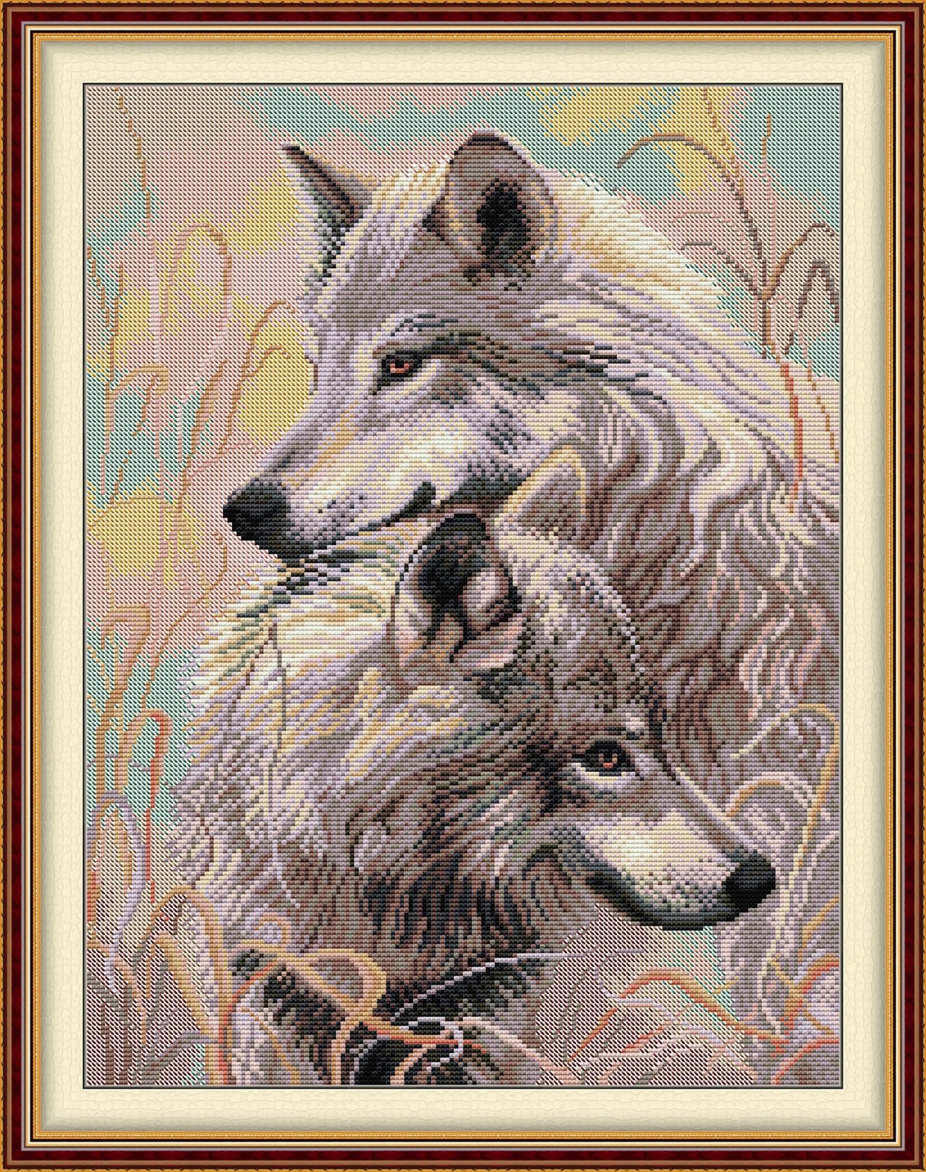 Funcrostitch Counted Cross Stitch Kits for Beginners,14ct Unprinted Pattern Embroidery Kit Dmc Cotton Threads Needleworks for Adults-Two Wolves 14.6"×19"