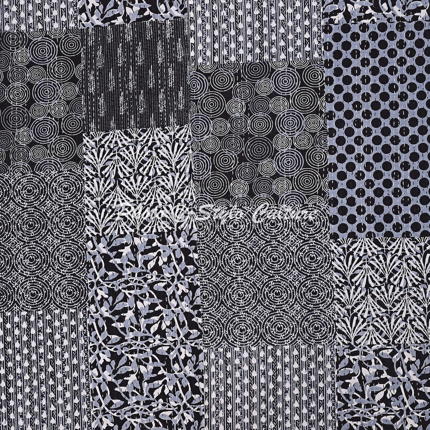 Kantha Quilt Queen Size Indian Kantha Blanket Black Cotton Floral Hand Stitched Bedding Bed Cover